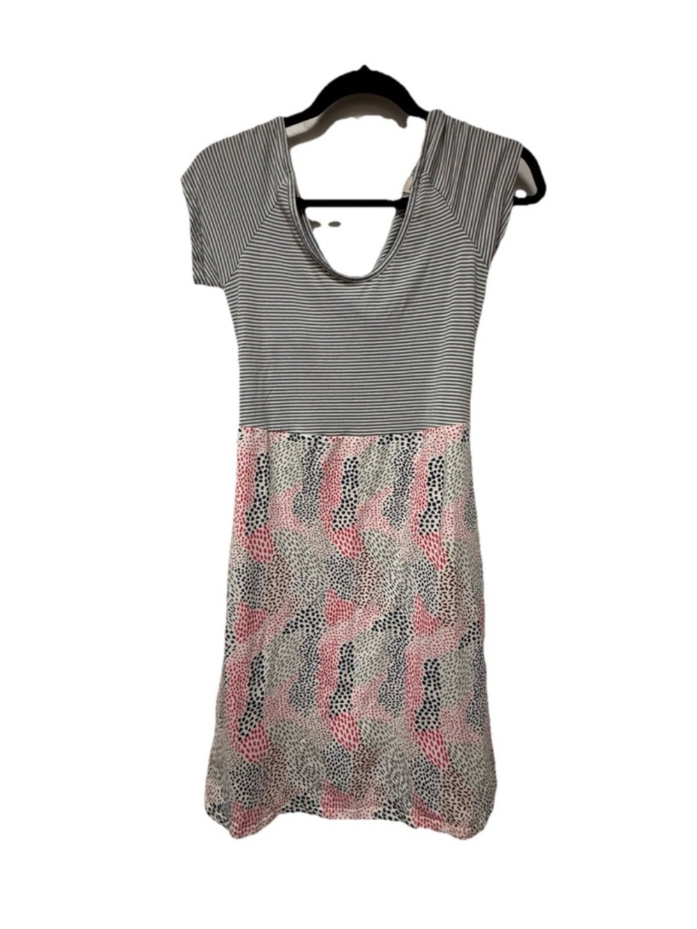 Pact Organic Cotton Crossover Stripe and Dots Print Mini Dress L Spring Beachy